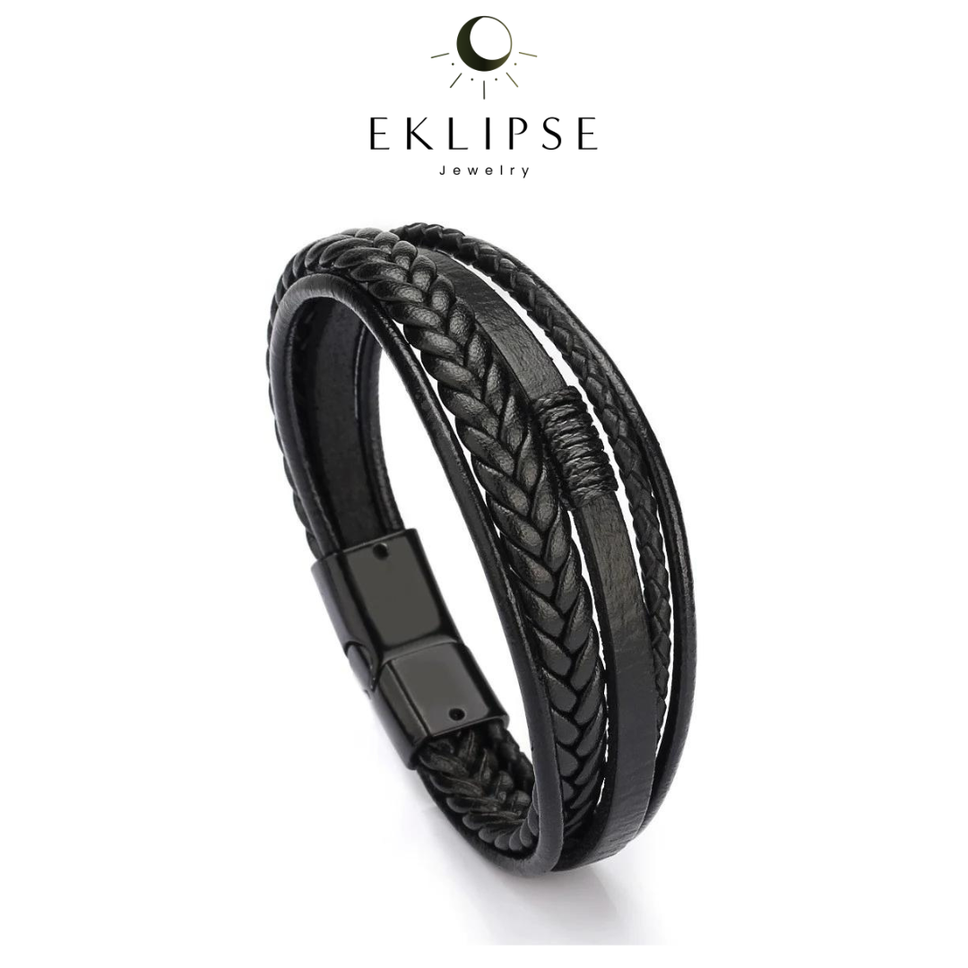Pulsera "Medianoche" ® Cuero Negro — joyería artesanal Eklipse plata 925